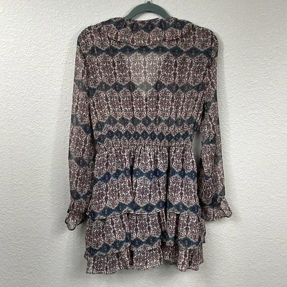 Zara V Neck Ruffle Trim Mini Dress Rust Geo Paisley Boho Cottagecore Sz S - Picture 8 of 14